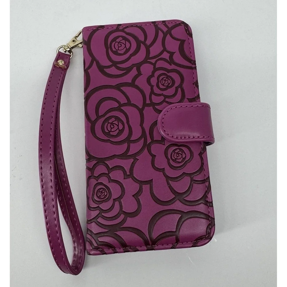 Floral Wallet Case iPhone 7/8 Plus Purple Rose  Wristlet Folio Card Holder